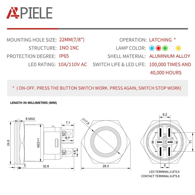 APIELE 15 Amp 22mm Latching Push Button Switch 110V-220V Angel