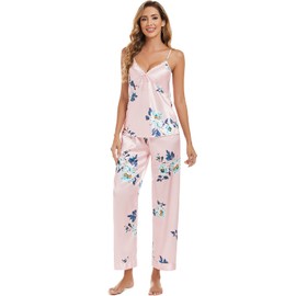 Escalier Women's Floral Silk Satin 3Pc Pajama Set Cami Robe Pants Pink L