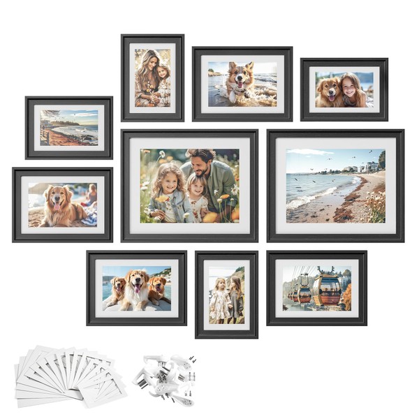 SONGMICS Picture Frames with 16 Mats, Set of 10, Collage Photo Frames with Two 8x10, Four 5x7, Four 4x6 Frames, Hanging or Tabletop Display, MDF and Glass, 12 Non-Trace Nails, Ash Black URPF049B01