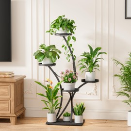 BACEKOLL Plant Stand Indoor with Grow Lights - Plant Shelf Tree-Shaped, Lighted Corner Plant Stands for Indoor Growing, 5 Tiered Metal Flower Holder, Decorative Shelves for Home Hallway Black (Right)