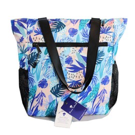 ESVAN Original Floral Waterproof Large Tote Bag for Gym Beach Travel Daily, Blue Floral Leaf