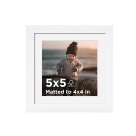 KINLINK 5x5 Picture Frame White Set of 1, Wooden Square Photo Frame Matted 4x4 with Plexiglass for 4x4 with Mat or 5x5 without Mat for Table and Wall Display