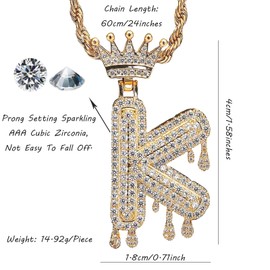 Initial Necklaces for Women Men 18k Gold Plated Crown Letter Pendant Necklace with Cubic Zirconia, Rope Chain Hip Hop Jewelry for Birthday, Brass, Cubic Zirconia