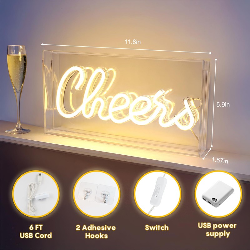 Cheers Neon Sign, USB LED Desk Lightbox Cheers Sign with