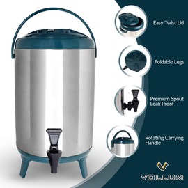Vollum Stainless Steel Insulated Beverage Dispenser – Insulated Thermal Hot and Cold Coffee Carafe – 12 Liter Drink Dispenser with Spigot for Hot Water, Tea & Coffee, Cold Milk, Juice & More TEAL