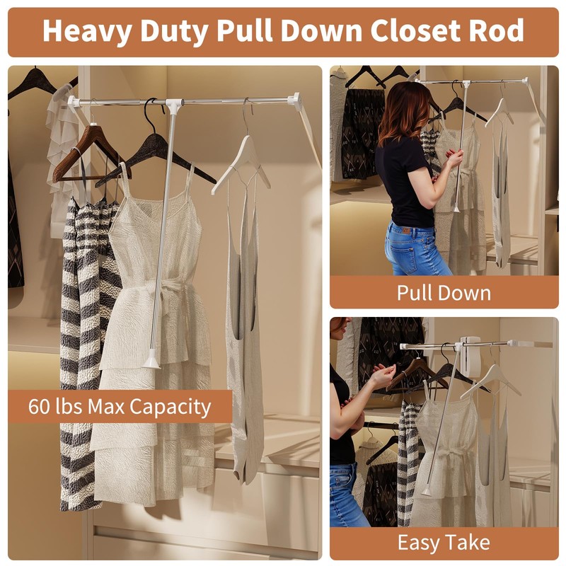 tonchean Heavy Duty Pull Down Closet Rod White, 60 Lbs