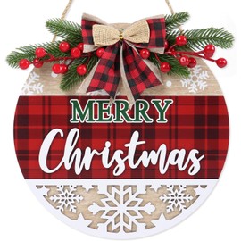 CHDITB Merry Christmas Front Door Wreath,3D Christmas Sign,Wooden Welcome Xmas Wall Wreath,Red Xmas Wreath Hanger Decorations,Red Plaid Snowflakes Rustic Xmas Wall Decor for Home Winter Party