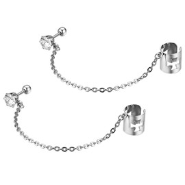 JewelryWe Shiny CZ Chain Earrings Hip Hop Style Non Pierced Cartilage Earring Stainless Steel Ear Cuff,Hypoallergenic(Silver)