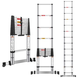 DEZEX 12.5 FT Stainless Steel Telescoping Ladders - One-Button Retraction Collapsible Extension Ladder for Home,RV,Attic,Lasts 375 LBS with Balance Bar and Wheels