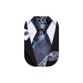 Barry.Wang Conjunto de gemelos cuadrados de seda a cuadros para hombre, 01 cachemira azul cielo, gris y dorado, Talla única