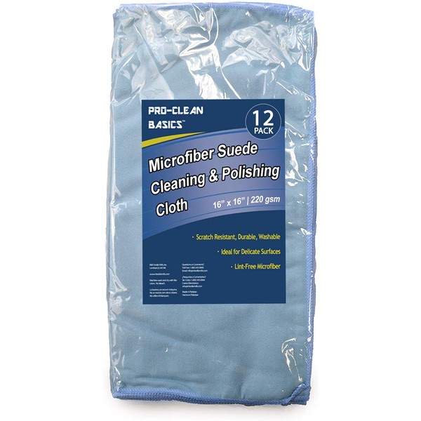 Pro-Clean Basics A73050 Microfiber Suede Clean & Polishing Cloth, Lint Free, 220 GSM, Blue, 16" x 16", Pack of 12