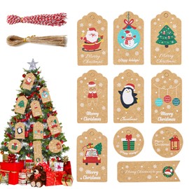 Bliceon Christmas Kraft Paper Tags for Presents, 10 Styles Xmas Present Labels with String, Brown Gift Label Used for Gifts Wrapping and DIY Christmas Tree Decoration