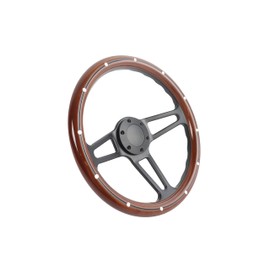 14" Classic Nostalgia Wood Grain Steering Wheel - 350mm, 3-Spoke, Mahogany Wood Grip, Black Finish