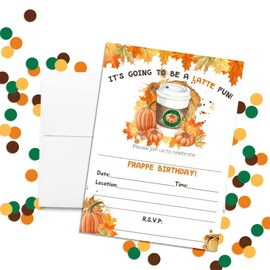 Pumpkin Spice Latte Watercolor Leaves Autumn Birthday Party Invitations, 20 5"x7" Fill In Cards with Twenty White Envelopes by AmandaCreation