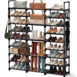 VOFirst Shoe Rack Storage Shelf Stand Cabinet, 9 Tier Shoe Organizer for Closet Entryway Holds 50-55 Pairs Stackable Space Saving Storage Freestanding Shelf with Hooks