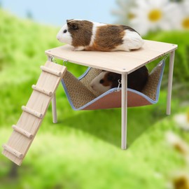 Guinea Pig Hammock with Platform and Climbing Ramp, Wooden Guinea Pig Hideout with Cool Mat Hammock, Guinea Pig House with Stairs, Guinea Pig Bed, Cage Accessories for Chinchilla Rat Hamster Bunny
