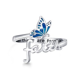 MOPOPOK Butterfly Ring Faith Ring for Women925 Sterling Silver Butterfly Open Rings Adjustable Christian Inspirational Jewelry Gifts for Birthday Christmas #6, Sterling Silver, No Gemstone