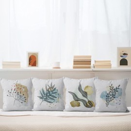 ASDCXZ Boho Cushion Cover 40 x 40 cm Set of 4 Modern Abstract Art Boho Leaves Gold White Decorative Cushion Covers Washable Polyester Flax Textile Cushion Cover