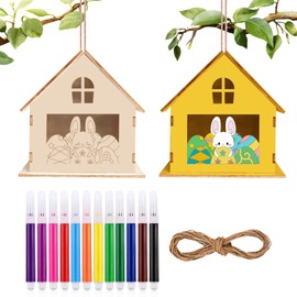 UICCVOKK 2 Pcs Bird House Easter Gifts for Kids, DIY Wooden Bird House Craft Kits for Kids, Craft Kits for Children to Build and Paint Birdhouse, Easter BirdHouses Decorations for Garden