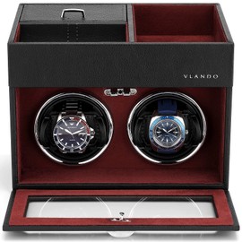 Vlando Automatic Double Watch Winder - Watch Winder Box with Men Jewelry Organizer Tray, Japanese Quiet Motor, LED Light, Adjustable Watch Pillows, AC Adapter - Red