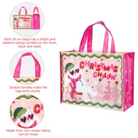 WRAPAHOLIC Snowman Christmas Large Reusable Gift Bag with Handles - 10 x 5 x 13 inch - Pink Christmas Chill Snowman Gift Bag, Perfect for Holiday, Party Favor, Shopping