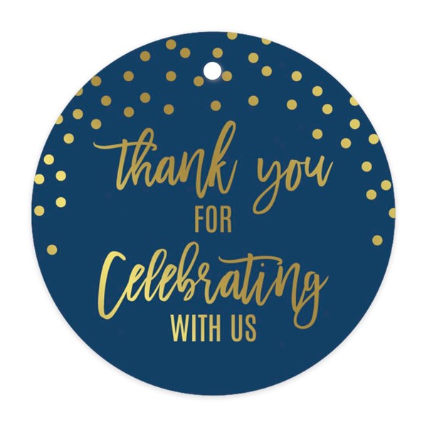 Andaz Press Navy Blue with Gold Metallic Ink Wedding Party Collection, Round Circle Gift Tags, Thank You for Celebrating with US, 24-Pack