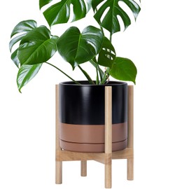 D'vine Dev Ceramic Planter with Natural Stand - 12 Inch Modern Round Flower Pot with Wood Planter Holder, Black/Speckled Tan, 55-B-J-7