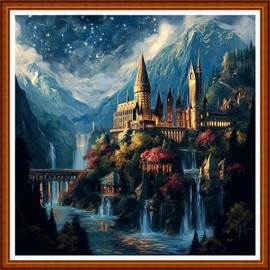 Funart Stamped Cross Stitch Kits for Beginners Full Range of Cross Stitching Preprinted Embroidery Kits for Adults, 11CT Embroidery Pattern Needlepoint Kits-Mountain Magic Castle 18x18 inch