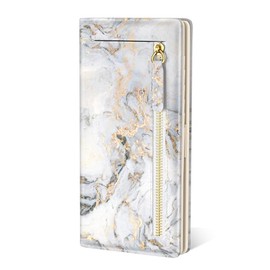 portafolios pequeña y compacta con bolsillo de piel auténtica con bloqueo de RFID para mujer, con ventana de identificación, Mármol gris blanco, Long（ 7.48" x 0.40" x 3.85" ）, Minimalista