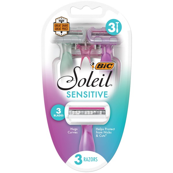 BIC Soleil Sensitive Women's Disposable Razor, Triple Blade, Count of 3 Razors, With Aloe Vera for a Smooth Shave