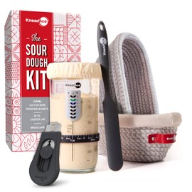 KneadAce Sourdough Starter Kit – 24oz Starter Jar, 2 Cotton Rope Banneton Proofing Baskets, Magnetic Bread Lame for Scoring – Gift for Bakers & Complete Sourdough Bread Baking Set