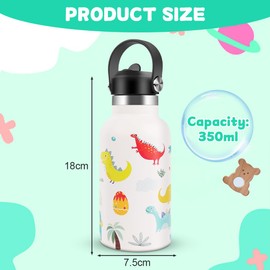 AMFUN Kids Stainless Steel Water Bottle, 350ml Kids Insulated Water Bottle, Upgraded Leak Proof Lid with Straw & Handle for Boys Girls Toddler Hot Cold Drinks (Dinosaur)