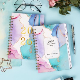 2026 Diary - 2026 A5 Diary Week to View, January 2026 - December 2026, Pink and Blue, Twin-Wire Binding, Hard Cover, Elastic Closure, 21.5 x 15.5 x 1.5 cm