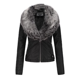 Bellivera Women's Faux Leather Jacket Moto Sherpa-Lined Coat with Removable Fur Collar 9201 Blackgray M