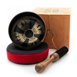 Black Cast Singing Bowl in Brown Gift Box with Double Dorje Print Including Black Red Cushion and Wooden / Leather Striker -5058-L-