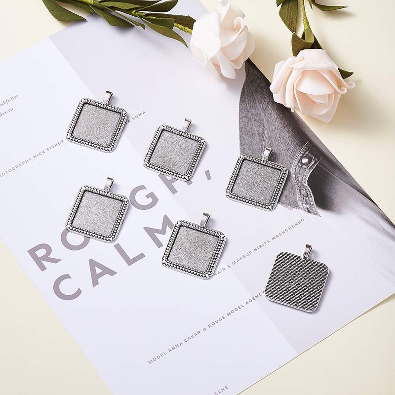 KISSITTY 10-Piece Antique Silver Blank Bezel Cameo Tray Square Pendant