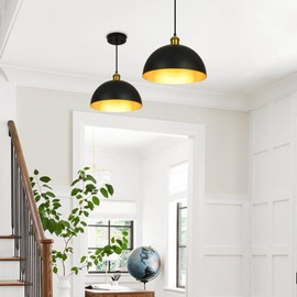 YOGIRL Pendant Lights Kitchen Island - 12-Inch Farmhouse Dome Hanging Light Fixture, Black and Gold Industrial Ceiling Light Adjustable Kitchen Pendant Lighting for Dining Room, Bedroom, Living Rooms