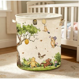 Classic Winnie Nursery Hampers Baby Clothing Hamper Toys Bin 50 x 40 Inch Large Laundry Basket Waterproof Collapsible Canvas Storage Baskets, Neutral Bedroom Decor Supplies