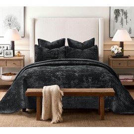 COCOPLOCEUS 3 Pieces Luxurious Velvet Oversized King Quilt Bedding Set 120x128 Striped Bedspread Coverlet Quilted Set with 2 Pillow Shams 20x36 Ultra Soft Comforter for All Season, Black