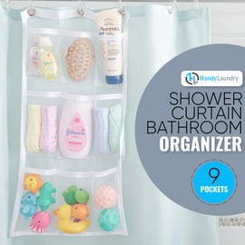 Handy Laundry Shower Curtain Bathroom Organizer -9 Pockets- Perfect for Organizing Home Bath, Your Toiletries and kid's Toys in Nine Durable Deep Mesh Pockets. Hang on Existing Shower Curtain Rings.