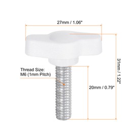 QUARKZMAN Pack of 20 Thumb Screws with T Wing Knobs, M6 x 20 mm, Plastic T-Head Threaded Bolts, Clamping Screw, Wing Screw, Grab Handles, 27 mm Clamping Button, Thumb Screws for Machine, White