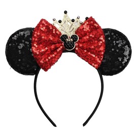 Batsysm Mouse Ears Headband with Sequin Bow, Red Hair bow Hairband with Crown, Party Amusement Park Headwear Fashion Hairband for Women Girls