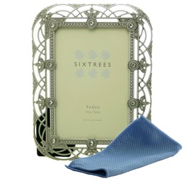Sixtrees Alice 2-503-46 Antique Vintage Shabby Chic Style silver metal 6 x 4 inch photo frame with beads and crystals. With microfibre cleaning cloth.