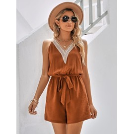 ZINQATUN Women's Summer Sexy V Neck Waist Tie Sleeveless Casual Short Jumpsuit Romper with Pockets