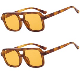 MUNSADE Retro Square Aviator Sunglasses for Women Men 70s Vintage Trendy Rectangle Sun Glasses UV Protection ((2Pack) Yellow+Yellow)