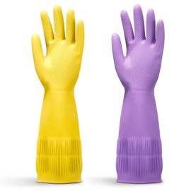 FMP Brands 12 Pairs Extra Long Dishwashing Gloves, 15 Inch Long Rubber Gloves for Washing Dishes, Non-Slip Cleaning Gloves, Latex Dish Gloves for Kitchen, Bathroom, Gardening (Large, Yellow + Purple)
