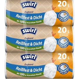 Swirl Tear-Resistant & Tight Bin Liners with Drawstring, 20 L, 3 Multipack with 45 Bags, Extra Strong, Drip-Proof