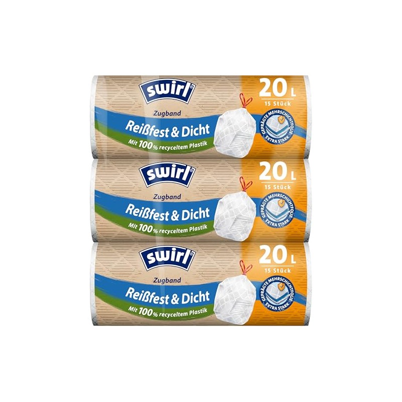 Swirl Tear-Resistant & Tight Bin Liners with Drawstring, 20 L,