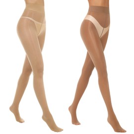 MANZI 2 Pairs Women's Shiny Sheer Pantyhose Gloss Tights High Waist Nylons Silk Smooth Oil Shimmer Stockings Tights Natural Brown L-XL