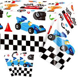 3 Pack Racing Car Table Cover Racing Car Parties Tablecloth, Disposable Plastic Rectangular Table Covers, Black and White Checkered Flag Tablecloths Birthday Party Supplies Car Theme Party Decorations